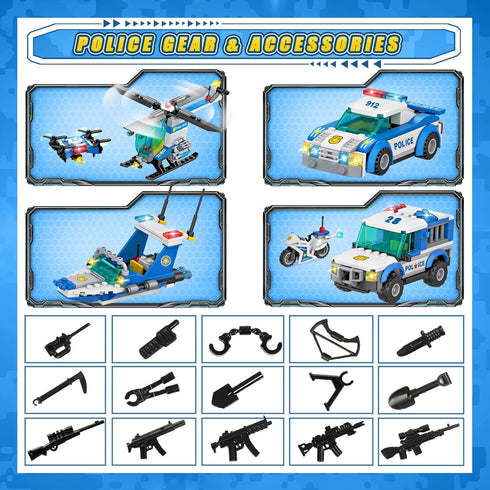 WishaLife City Police Station Toy Building Set - Police Car, Helicopter, Boat, Prison, Fun Gift for Kids 6+