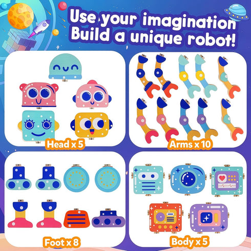 3-5,Montessori Robot Toys for Kids Wooden Learning Toy with Take Apart Features Robots,STEM Educational Play Fine Motor