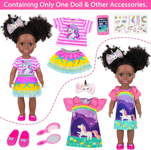 14 Inch Ecore Fun Black Doll with Black Baby Doll Clothes Accessories Including Dress, Top, Skirt, Shoes, Comb, Mirror
