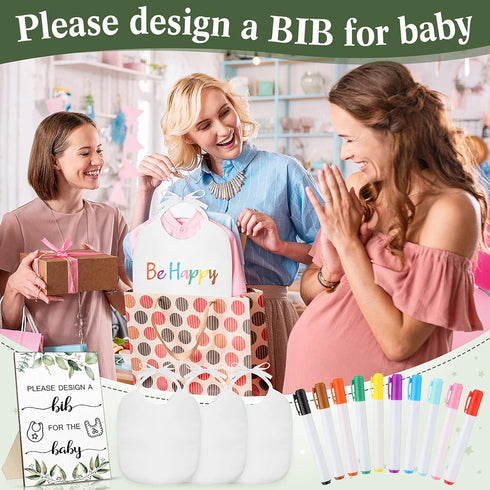 26 Set 15 10 Pcs Baby Bibs and Game Baby Shower Game Sign White Feeder Bibs Fabric Markers for Gender Reveal (Green