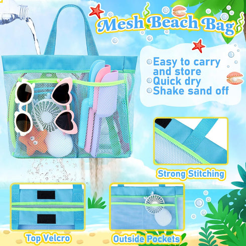 Collapsible Beach Buckets for Kids, Foldable Sand Buckets and Shovels with Mesh Bag, Silicone Sand Pails Travel Beach