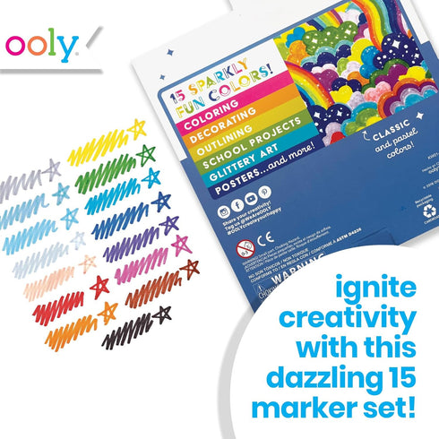 Set 15, 5 10 2mm PACK Ooly Rainbow Sparkle Glitter Markers of Includes Pastel & Classic Color Markers, Glittery