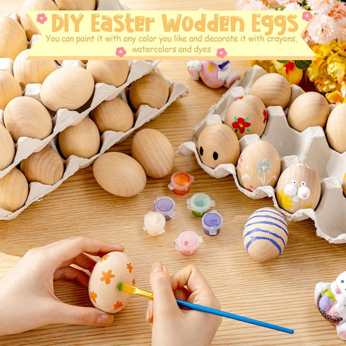 60 Beeveer Pcs Wooden Eggs for Crafts Unpainted Eggs with Blank Egg Cartons, Wooden Fake Food Egg to Paint for Easter