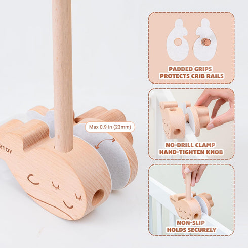 31 Inch, 360 Wooden Baby Crib Mobile Arm, Solid Beech Wood, Rotatable, Whale Design, Adjustable, Anti-Slip, Mobile