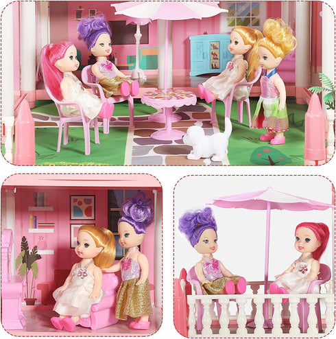 Doll House Set for Girls, Princess House Toys with 4 Dolls and 4-Story 11 Rooms for Kids