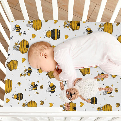 Pigsaly 27x39 Inch Crib Sheets Funny Flowers Hearts Yellow Bees Baby Sheet for Standard Crib Mattress Boys Girls