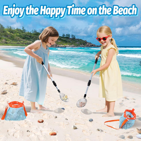 2 Pack 21.6"~33" Sand Sifter with Seashell Bags - Adjustable Shark Tooth Sifter for The Beach Seashell Collecting, Mesh