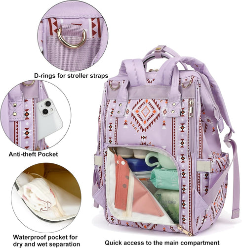Xunteny Backpack Backpack Boho Diaper Bag for Mom Dad, Multifunctional Bohemia Baby Nappy with Stroller Straps