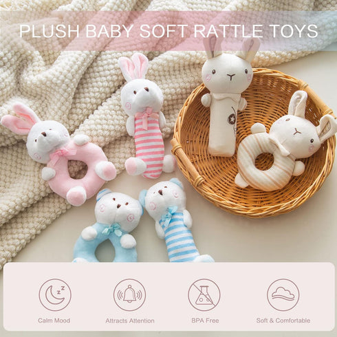 Plush Baby Rattle Toys, Pink Bunny Rattles for Infants, 2 PCS Soft Ring Rattle Sensory Toys for Newborns