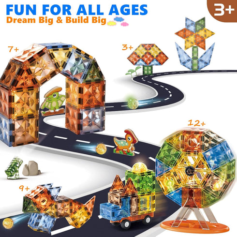 BINZKBB Magnetic Tiles 110 Pieces - 3D Lighted Magnet Building Blocks for Kids, Educational Sensory Stack Toys