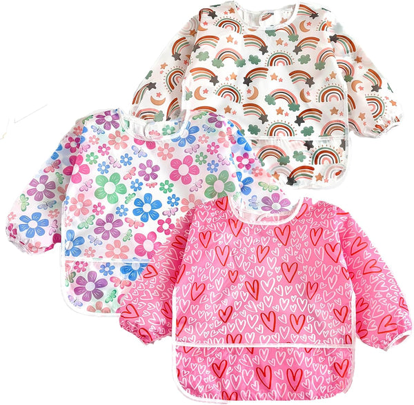 PandaEar 3 Pack Waterproof Baby Long Sleeve Bibs for Girls, Lightweight Toddler