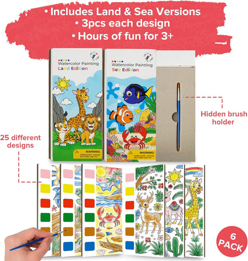 3 (6pcs) Paint with Water Books for Kids - Land & Sea Animal Editions - Prizes for & Up Years Old - Birthday Bulk Party