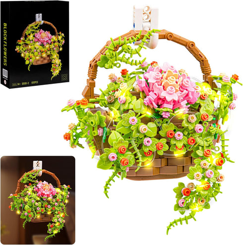 SATHIBI Flower Bouquet Building Set, Flowers Basket Bonsai Plants with Light, Botanical
