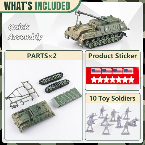 Army Tank and Army Men Toys Playset, 2pc 1:72 US Tank-4 Models & 10pc Toy Soldiers, Olive Drab Green WW2 Military Vehicle for Boys