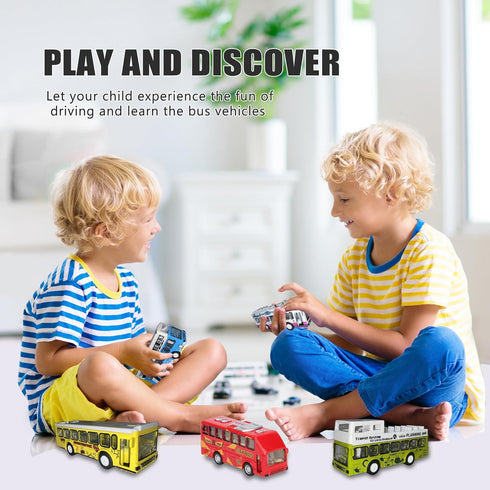 Die Cast Metal Toys Buses Set, 1:64 Scale Double Decker City Bus Vehicles, Openable Doors, Pull Back Cars for Kids