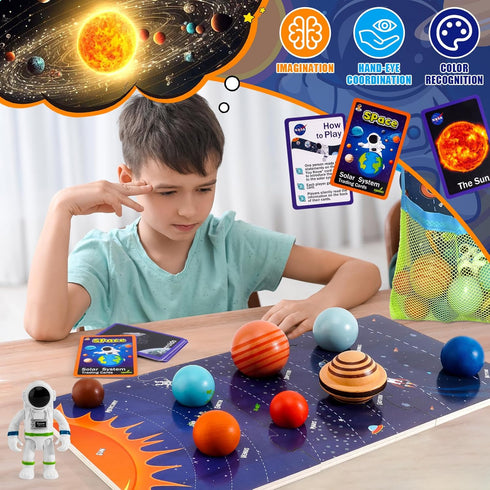30 COOLDUCK Pcs Wooden Solar System Model Board Toy Kit, Montessori Planet Balls Toys with Astronaut Figures, Preschool