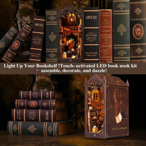 Light,3D Book Nook Kit,DIY Miniature House Kit,Dollhouse Booknook with Dust Cover & LED Wooden Bookends