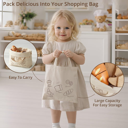 Set, 3+ PairPear Wooden Bakery Play Food Pretend Play Kitchen Accessories with Shopping Bag, Kids Cutting Food Gift
