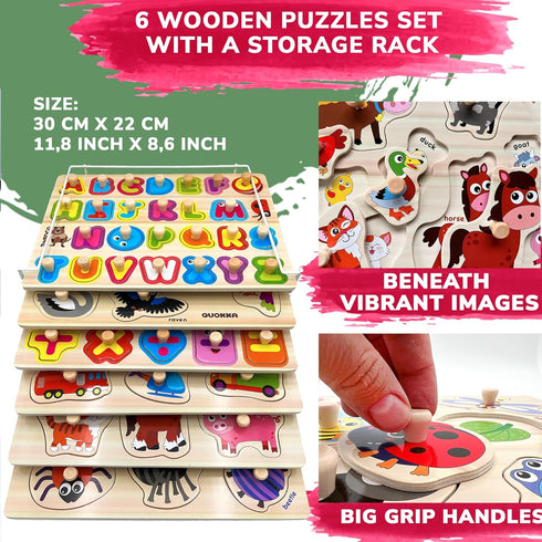 1-3 6XSET 2-4 3-5 QUOKKA Wooden Puzzles for Toddlers - Toddler Puzzles Ages with Rack - Learning Alphabet - Numbers