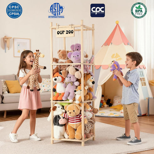 LAMU Stuffed Animal Storage, Wooden Zoo Stuffed Animal Holder with Elastic Cords, Space Save Toy Organizer, Extra Large