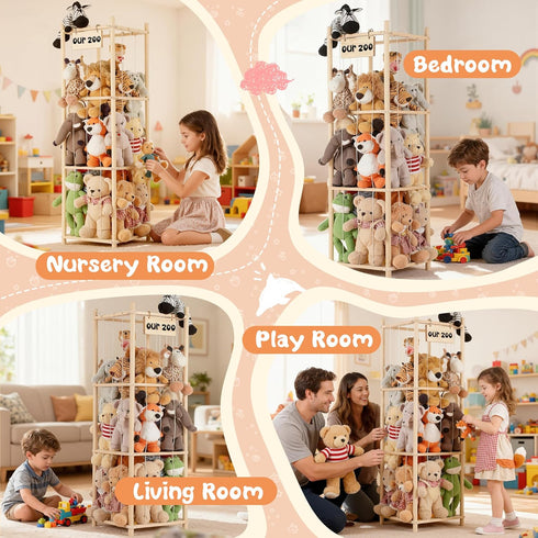 LAMU Stuffed Animal Storage, Wooden Zoo Stuffed Animal Holder with Elastic Cords, Space Save Toy Organizer, Extra Large