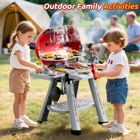 Playset 3-5, 2-Layer Set, Kids Grill for Toddlers Outdoor BBQ Cooking Toy with Smoke, Lights and Sounds, Backyard