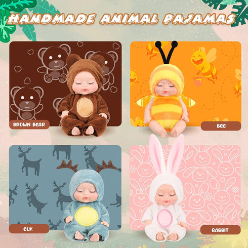 Hanaive 4 Pcs 4 Inch Mini Baby Dolls with Animal Clothes, Cute Tiny Babies Gifts for Kids Birthday (Cute Style)