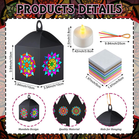 Simgoing 24 Sets Mandala Crafts with LED Candle Light Mandala Flower Tissue Paper Crafts Kits DIY Your Own Suncatchers