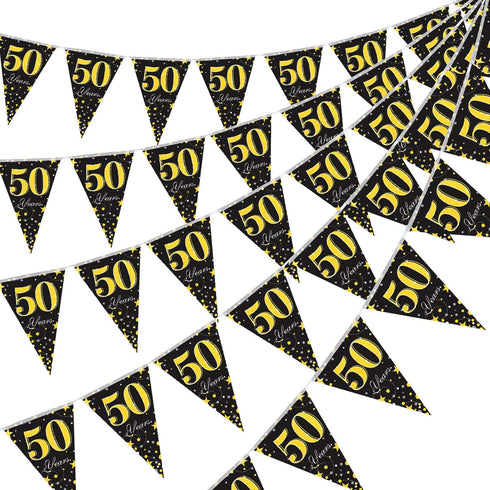 Blulu 5 Pack 50th Birthday Party Pennant Banner - Black Golden 50 Years Triangle Flag Party Accessory
