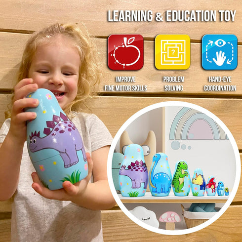 AEVVV Dinosaur Nesting Dolls Set - 7 pcs Matryoshka Dolls with Dinosaur Decorations
