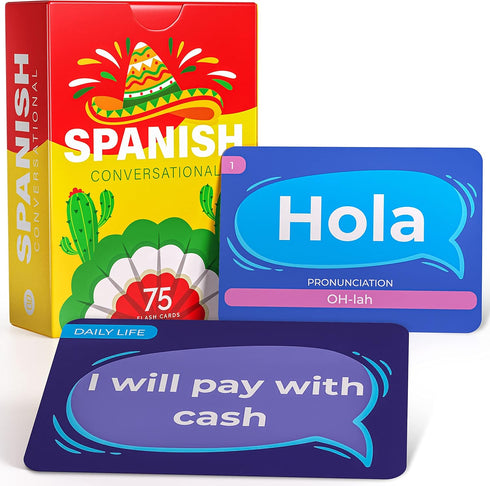 Spanish Conversational Phrase Flash Cards - 75 Beginner Sayings for Travel, Educational Language Learning