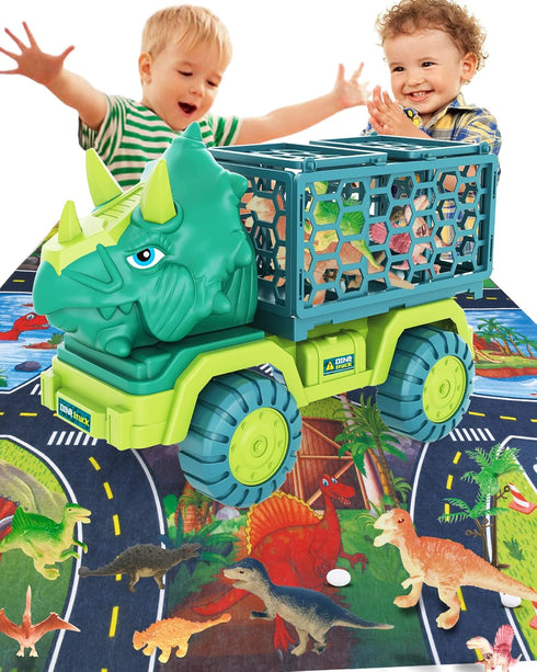 JKGIFTS 3-5, 15 Set Dinosaur Truck Toys for Kids Triceratops Car Toy with Dino Figures,Large Activity Play Mat