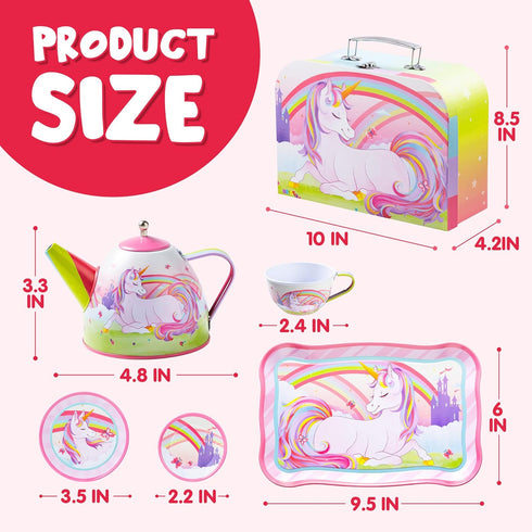 Set Set, 3 4 5 6, JOYIN Unicorn Tea Party for Little Girls, Pretend Pink Tin Teapot Princess Tea Time Play Kitchen Toy