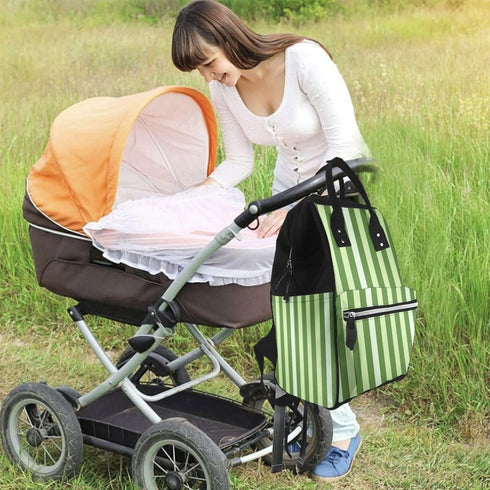 QSMJKLD Backpack Mommy Daypack Classic Green Striped Diaper Bag with Changing Pad, Pacifier Holder - Multifunction