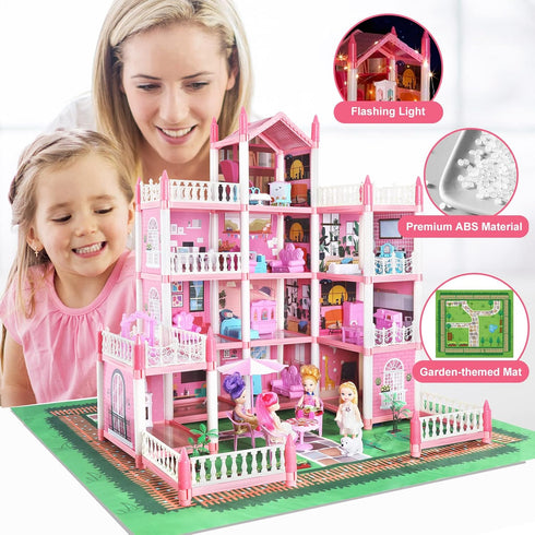 Doll House Set for Girls, Princess House Toys with 4 Dolls and 4-Story 11 Rooms for Kids