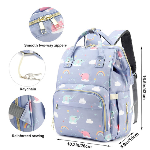 Yusudan Backpack Elephant Diaper Bag for Baby Girls, Mom Waterproof Large Nappy Bags for Women