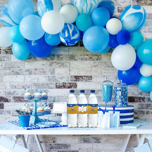 32pcs Blue Oh Baby Water Bottle Labels, Gold Glitter Stickers for Gender Reveal/1st Birthday, Baby Boy Bottle Wrappers
