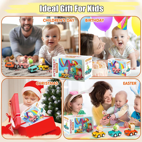 1-3, 6-9-12-18 Set, 1st 1-2 Press to Go Friction Inertia Car, Animal Toddler Toy Cars Infant Month Play Figure Vehicle