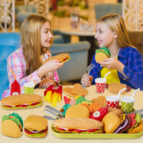 BUYGER Fast Food Play Food Toys for Kids, Toddler Kitchen Accessories Playset, Plastic Toy Food Sets for Pretend Play