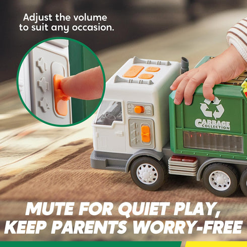 Set Vroomix LED Garbage Truck Toy Includes Dumpster, Toy Truck with Mode Switch & Volume Control, Trash Vehicle