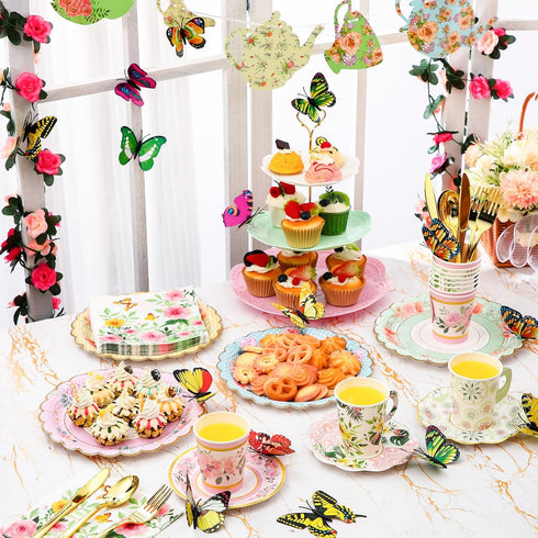 121 Set 9 oz 3 Pcs Floral Tea Party Dinnerware Include Paper Cups and Saucers, Napkins, Tier Cake Stand, Serving