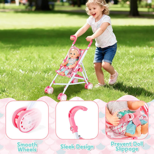 Set deAO Baby Doll Stroller Crib Bed Nursery Role Play Baby Doll Accessories and Play Mat,Travel Cot,Foldable Stroller