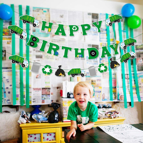 Bessmoso 3 Pcs Garbage Truck Birthday Decorations, Trash Truck Birthday Banner for Boys and Girls Baby Shower Parties
