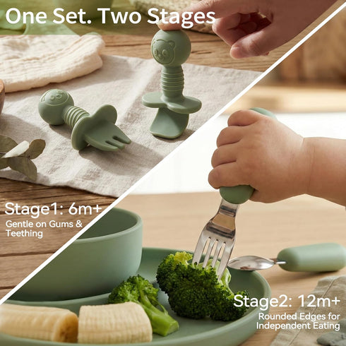 Set, 6+ Bufims Silicone Baby Feeding Baby Led Weaning Supplies, Eating Essentials Utensils with Suction Plate and Bowl