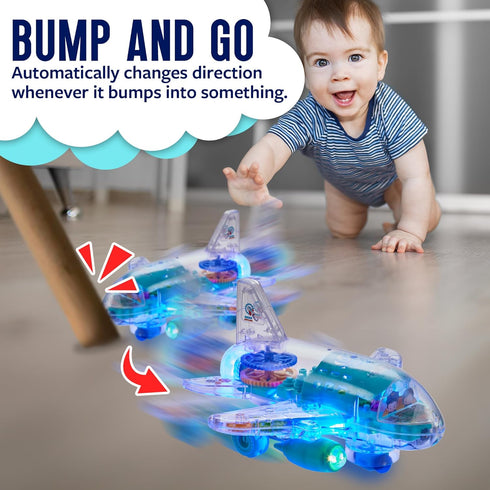 3+ Playbees Light Up Transparent Gear Airplane Kids Bump and Go Autism Toys Colorful Moving Gears with Music and LED