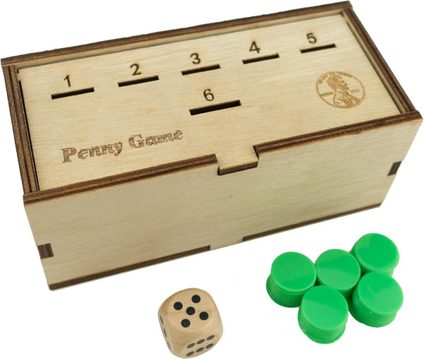 Penny Game Fun Board Game with Pennies, Coin Game Wood Box for 2-6 Players, Simple + Strategic Dice Games
