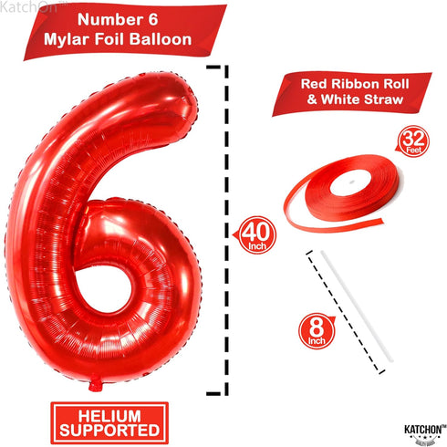 KatchOn Giant Red 6 Year Old Balloon - 40 Inch, 6 Balloons for Birthday Boy, 6th Birthday Decorations for Boys
