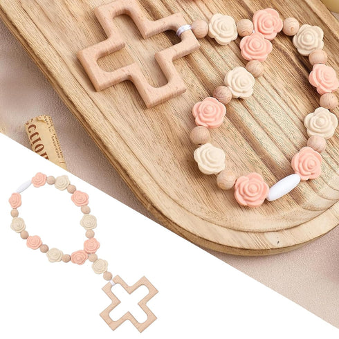 Communion Cross Baptism Silicone Rosary Necklace Light Pink Shower Baptism Party Supply Rosary Necklace First Rosary