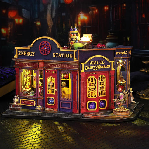 Plustopoy 3D DIY Miniature House Kit: Wooden Puzzle Miniature Kit with LED Light, Magic Station Tiny Model Mini House