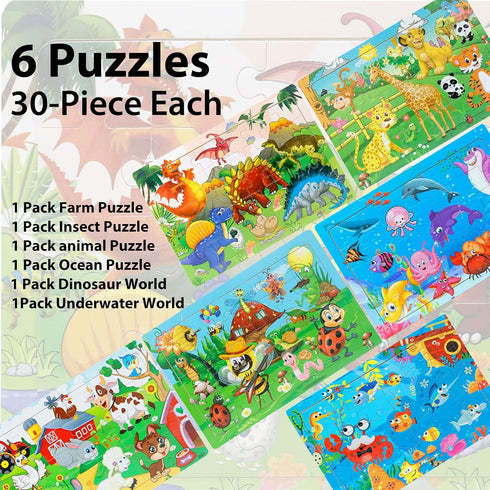 Wooden Jigsaw Puzzles for Kids Ages 3-5 - 6 Pack, 30 Pieces Colorful Educational Learning Toys